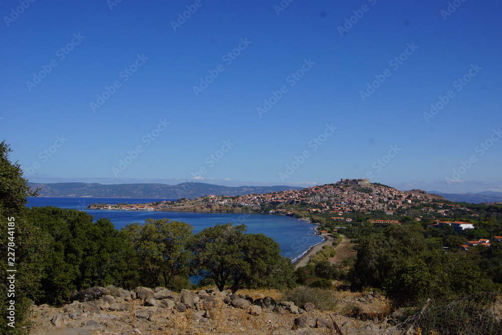 Panoramic view of Molivos on Lesbos, Greece