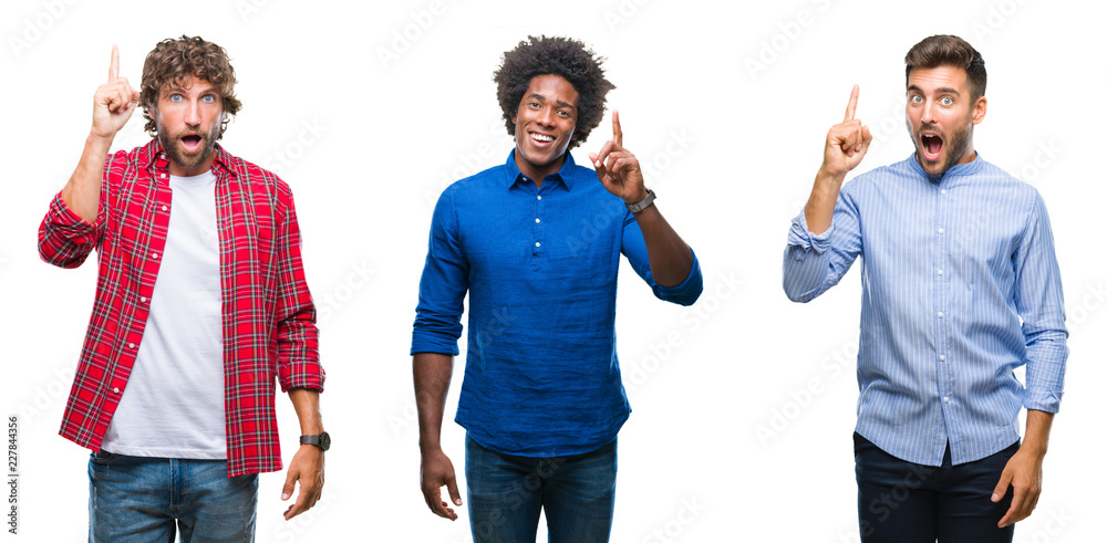 Obraz premium Collage of group of african american and hispanic men over isolated background pointing finger up with successful idea. Exited and happy. Number one.