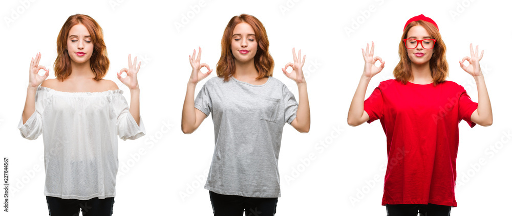 Collage of young beautiful redhead woman over isolated background relax and smiling with eyes closed doing meditation gesture with fingers. Yoga concept. Collage of young beautiful redhead woman over isolated background relax and smiling with eyes closed doing meditation gesture with fingers. Yoga concept.