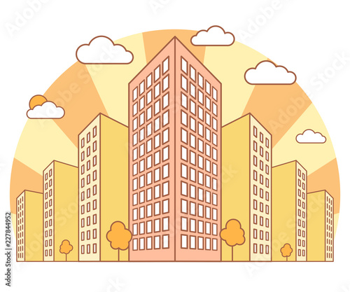 City view in autumn with high buildings, clouds, orange trees, fall landscape with street blocks, modern residential and tenement houses, linear outline style, vector concept