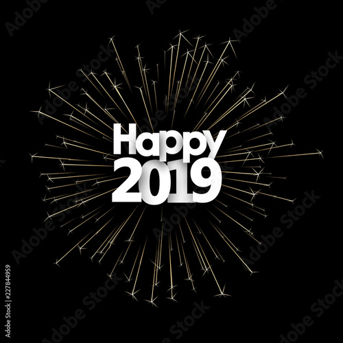 Happy New Year 2019 card with golden sparkling firework.