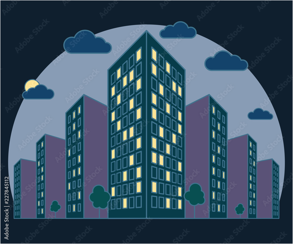 City landscape view at night, high buildings with lights in windows, clouds, trees, modern residential and tenement house in the evening, linear outline style, vector concept