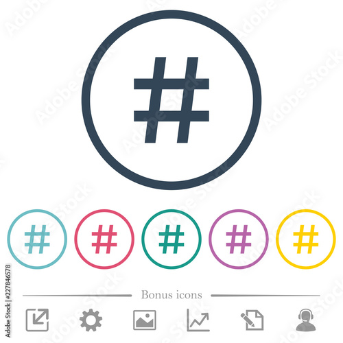 Hash tag flat color icons in round outlines