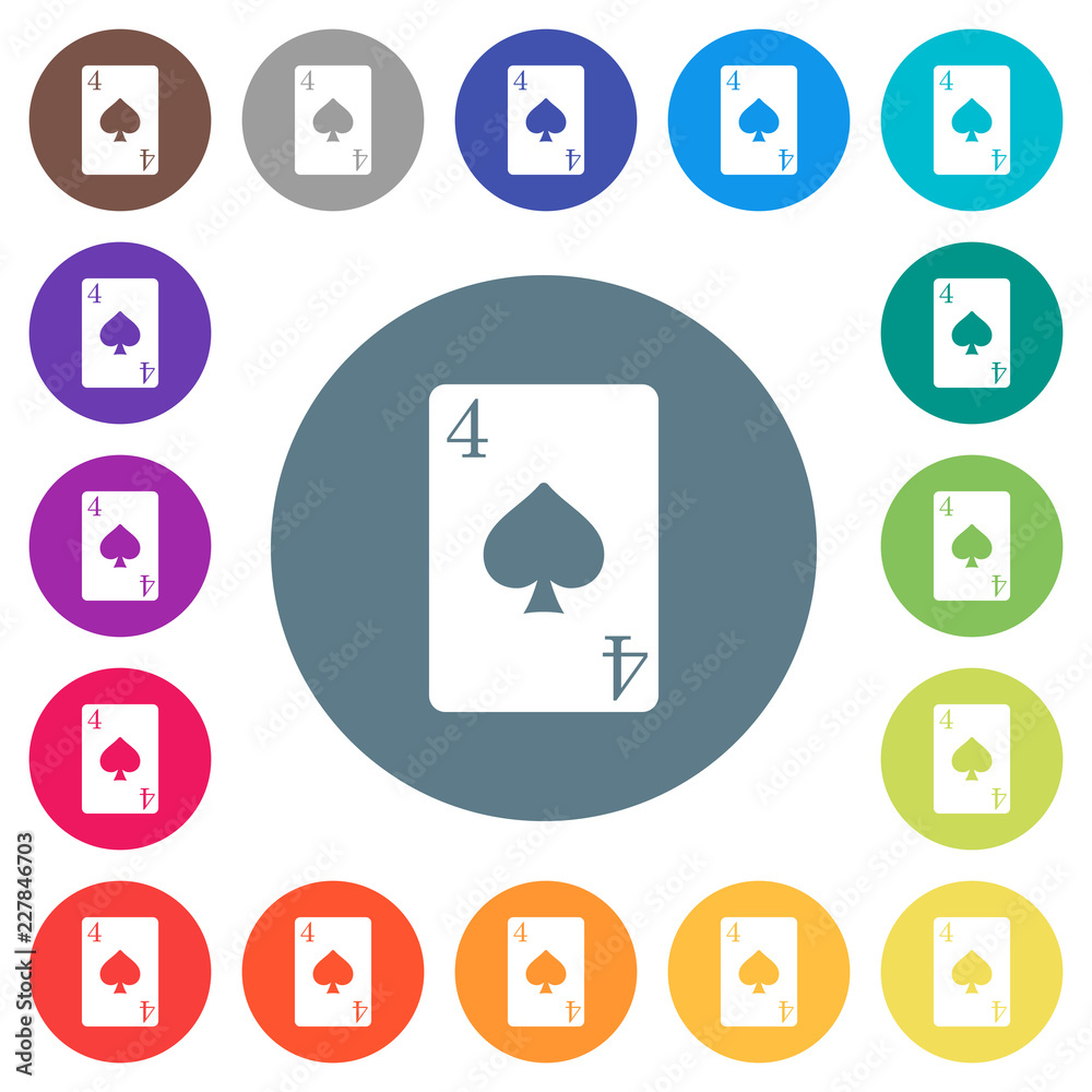 Four of spades card flat white icons on round color backgrounds Four of spades card flat white icons on round color backgrounds
