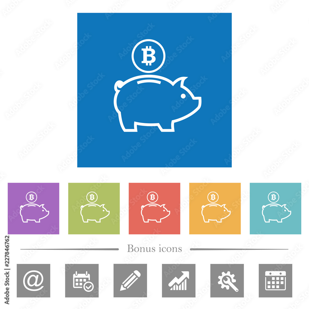 Bitcoin piggy bank flat white icons in square backgrounds Bitcoin piggy bank flat white icons in square backgrounds