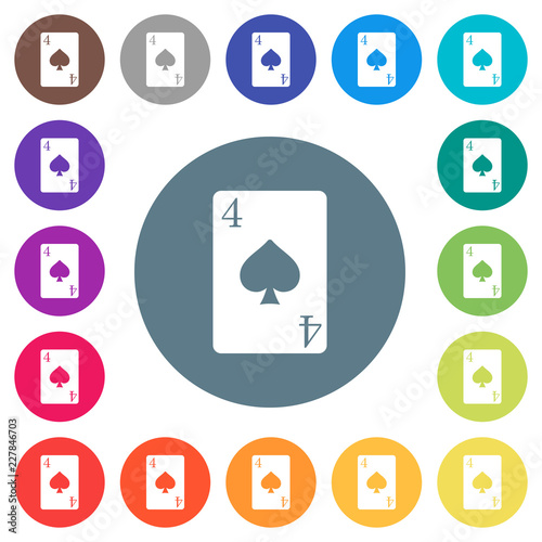 Four of spades card flat white icons on round color backgrounds