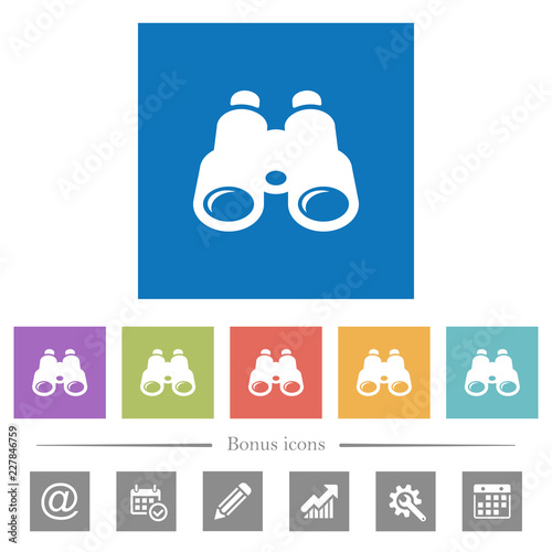 Binoculars flat white icons in square backgrounds