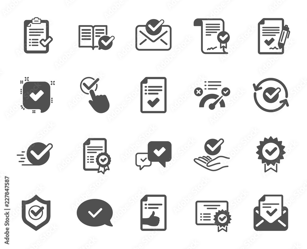 Approve icons. Set of Check List, Certificate and Award medal. Certified document, Accepted approve and Confirm mail icons. Guarantee certificate, Check mark and agreement signs. Vector Approve icons. Set of Check List, Certificate and Award medal. Certified document, Accepted approve and Confirm mail icons. Guarantee certificate, Check mark and agreement signs. Vector
