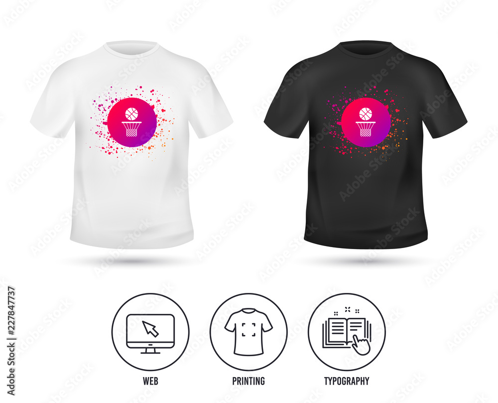 Naklejka premium T-shirt mock up template. Basketball basket and ball sign icon. Sport symbol. Realistic shirt mockup design. Printing, typography icon. Vector