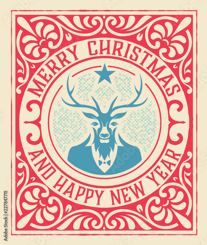 Xmas Vintage greeting card with deer