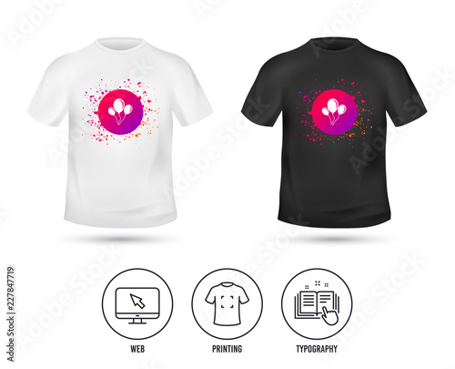 T-shirt mock up template. Balloon sign icon. Birthday air balloon with rope or ribbon symbol. Realistic shirt mockup design. Printing, typography icon. Vector