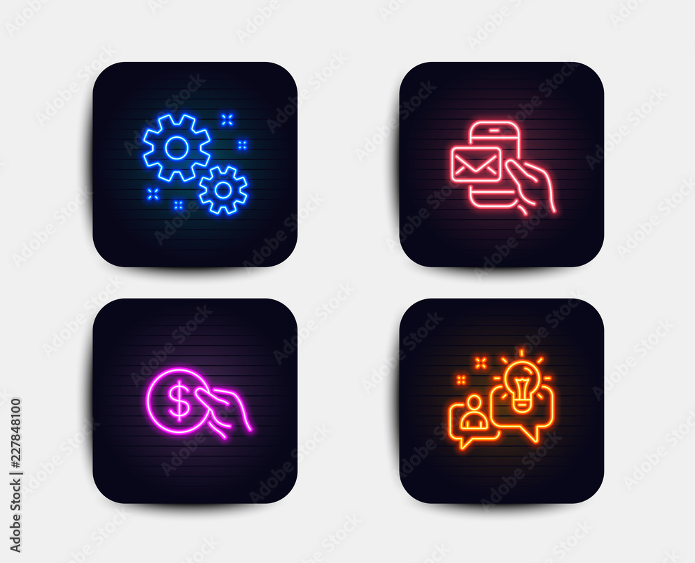 Neon glow lights. Set of Payment, Messenger mail and Work icons. Idea sign. Usd coin, New e-mail, Settings. Solution. Neon icons. Glowing light banners. Vector Neon glow lights. Set of Payment, Messenger mail and Work icons. Idea sign. Usd coin, New e-mail, Settings. Solution. Neon icons. Glowing light banners. Vector