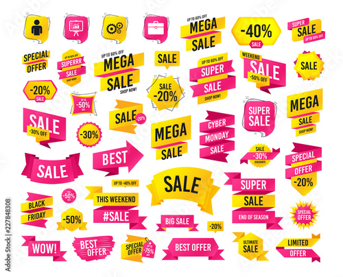 Sales banner. Super mega discounts. Business icons. Human silhouette and presentation board with charts signs. Case and gear symbols. Black friday. Cyber monday. Vector