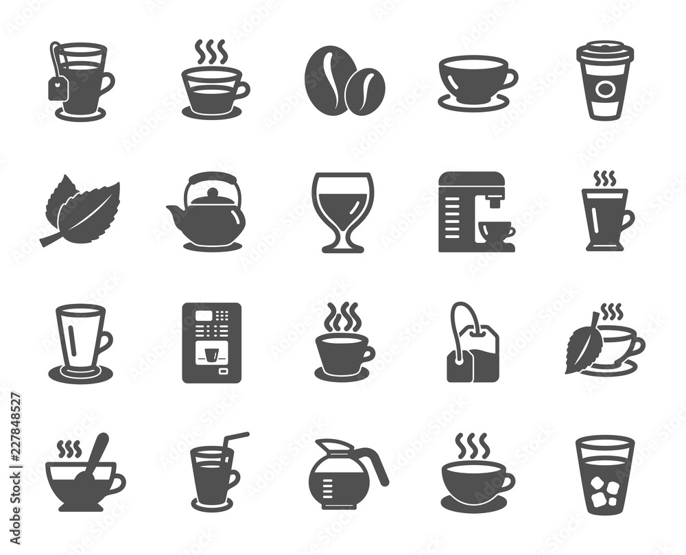 Coffee and Tea icons. Set of Cappuccino, Juice with ice and Latte signs. Teapot, Coffeepot and Hot drink with Steam icons. Mint leaf, Herbal beverage and Coffee vending symbols. Quality design element Coffee and Tea icons. Set of Cappuccino, Juice with ice and Latte signs. Teapot, Coffeepot and Hot drink with Steam icons. Mint leaf, Herbal beverage and Coffee vending symbols. Quality design element
