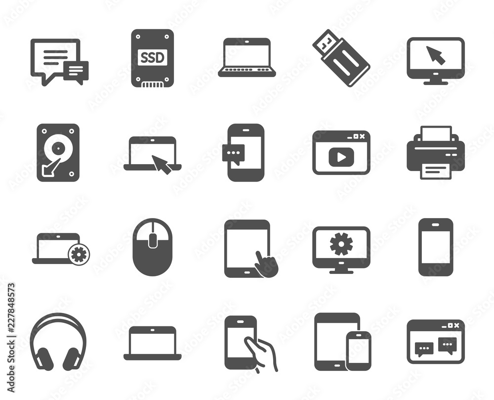 Mobile Devices icons. Set of Laptop, Tablet PC and Smartphone signs. HDD, SSD and Flash drives. Headphones, Printer devices and Mouse icons. Chat speech bubbles. Quality design element. Classic style Mobile Devices icons. Set of Laptop, Tablet PC and Smartphone signs. HDD, SSD and Flash drives. Headphones, Printer devices and Mouse icons. Chat speech bubbles. Quality design element. Classic style