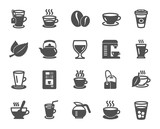 Coffee and Tea icons. Set of Cappuccino, Juice with ice and Latte signs. Teapot, Coffeepot and Hot drink with Steam icons. Mint leaf, Herbal beverage and Coffee vending symbols. Quality design element