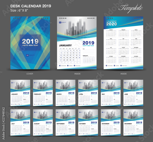 Desk Calendar 2019 year size  6 x 8 inch template, blue calendar 2019 template, Set of 12 Months, Week Starts Monday, wall calendar, flyer design, cover template vector, advertisement creative