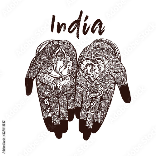 Hand drawn sketch style hands with Mehndi applied on them isolated on white background. Vector illustration.