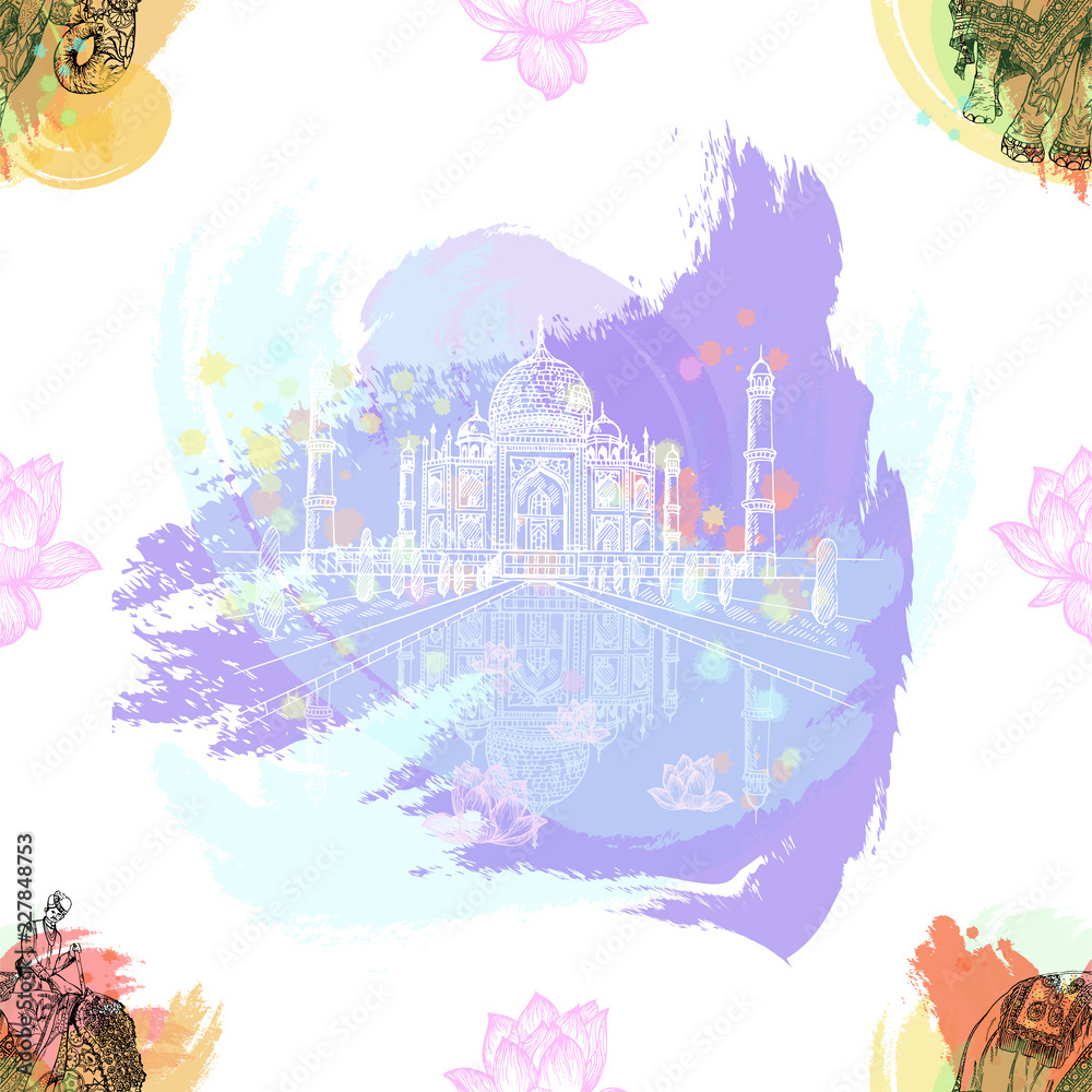 Seamless pattern of hand drawn sketch style Taj Mahal and elephant with an Indian man sitting on it isolated on white background. Vector illustration.