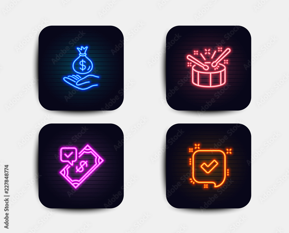 Neon glow lights. Set of Accepted payment, Income money and Drums icons. Confirmed sign. Bank transfer, Savings, Drumsticks. Accepted message. Neon icons. Glowing light banners. Vector Neon glow lights. Set of Accepted payment, Income money and Drums icons. Confirmed sign. Bank transfer, Savings, Drumsticks. Accepted message. Neon icons. Glowing light banners. Vector