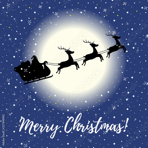 Vector cartoon Christmas card with flying sleigh at night