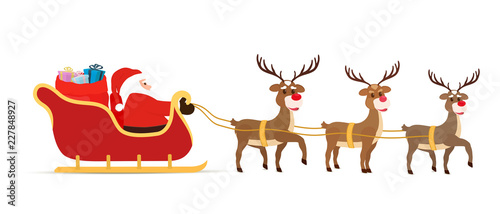Vector cartoon sleigh, reindeers, sled with Santa Claus.