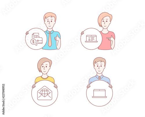 People hand drawn style. Set of Web mail, Accounting report and Web lectures icons. Laptop sign. World communication, Financial case, Online test. Mobile computer.  Character hold circle button