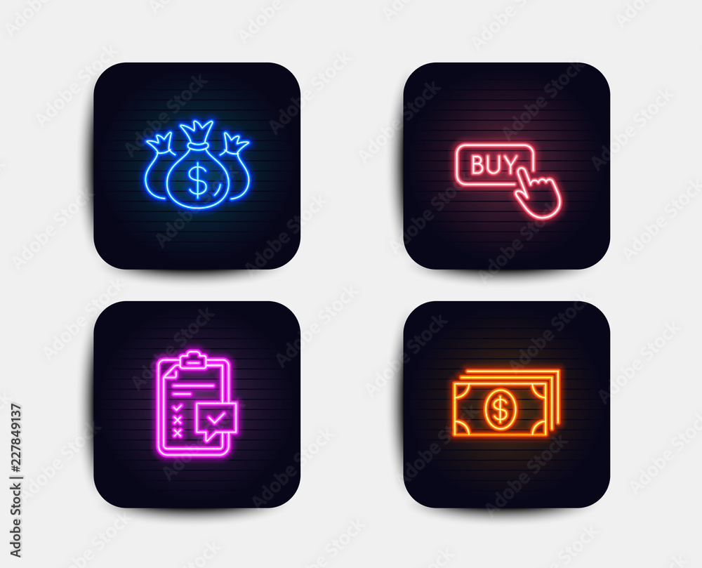 Neon glow lights. Set of Check investment, Buy button and Checklist icons. Banking sign. Business report, Online shopping, Survey. Money payment. Neon icons. Glowing light banners. Vector Neon glow lights. Set of Check investment, Buy button and Checklist icons. Banking sign. Business report, Online shopping, Survey. Money payment. Neon icons. Glowing light banners. Vector