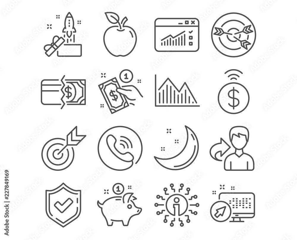 Set of Target, Contactless payment and Payment method icons. Investment graph, Web traffic and Innovation signs. Targeting, Saving money symbols. Targeting, Give money, Investment infochart. Vector