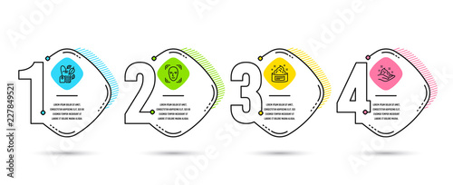 Infographic template 4 options or steps. Set of Face detection, Skin cream and Mint bag icons. Skin care sign. Detect person, Medical cosmetic, Mentha tea. Hand cream. Vector