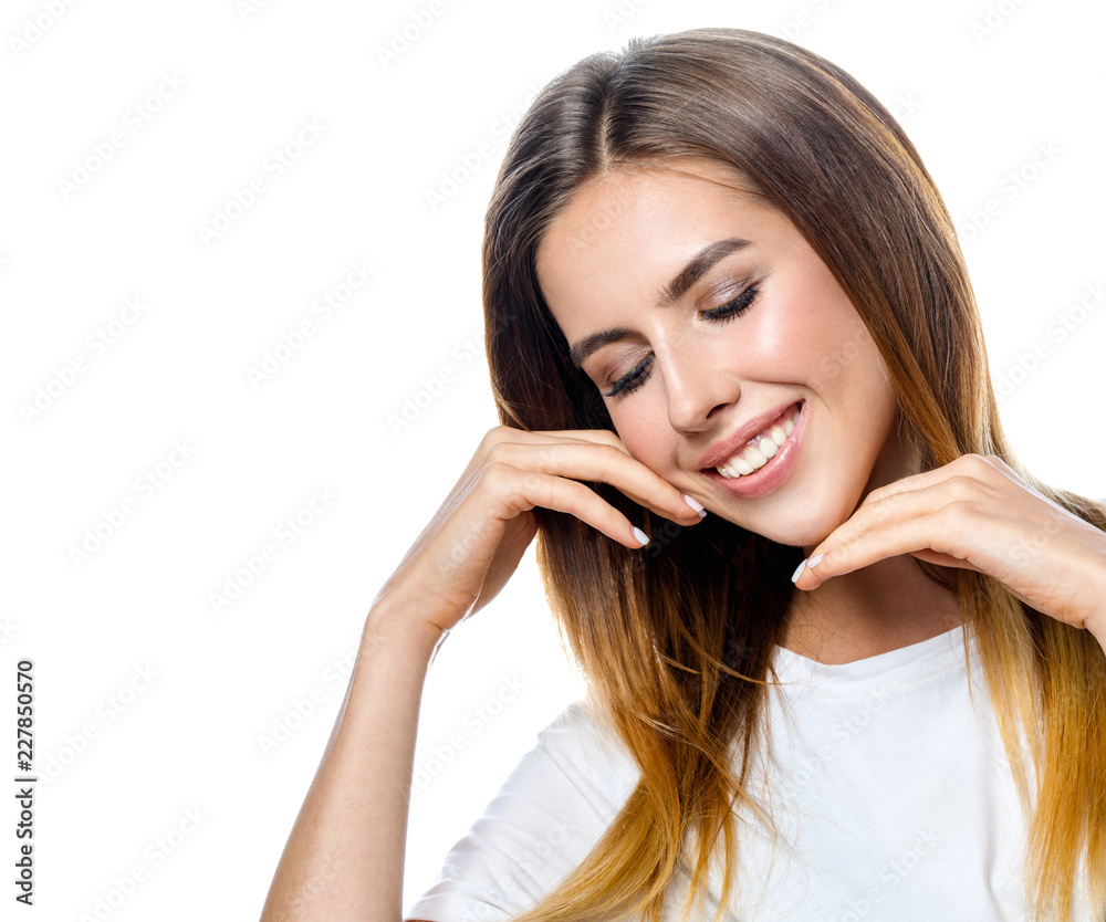 beauty portrait of attractive young caucasian smiling woman brunette isolated on white studio shot lips toothy smile facer head and shoulders cheerful teeth neck hand eyes closed beauty portrait of attractive young caucasian smiling woman brunette isolated on white studio shot lips toothy smile facer head and shoulders cheerful teeth neck hand eyes closed