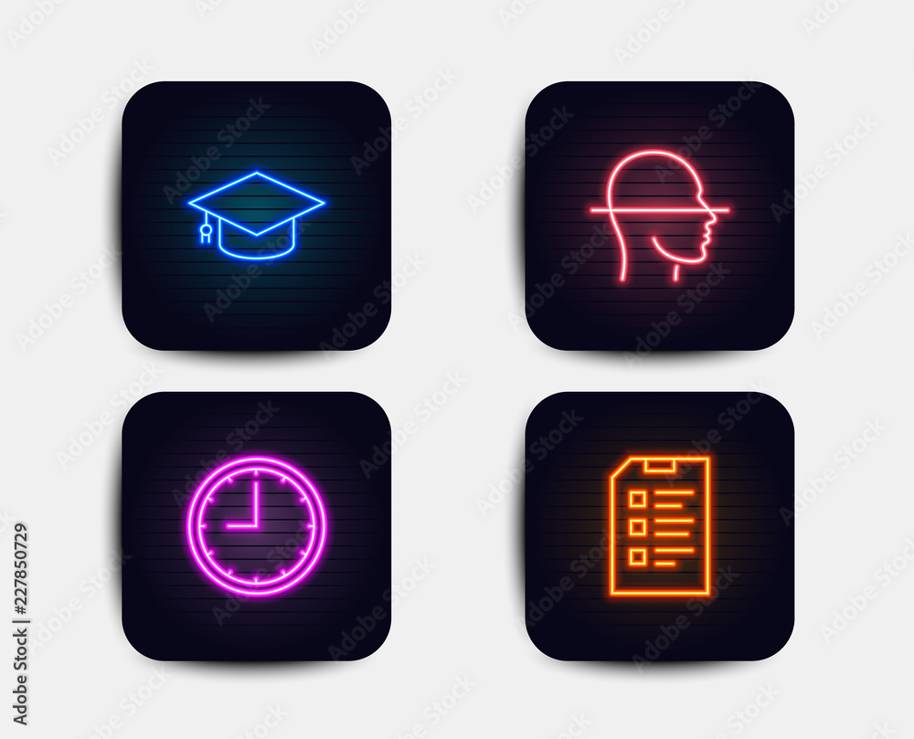 Neon glow lights. Set of Graduation cap, Time and Face scanning icons. Checklist sign. University, Office clock, Faces detection. Data list. Neon icons. Glowing light banners. Vector Neon glow lights. Set of Graduation cap, Time and Face scanning icons. Checklist sign. University, Office clock, Faces detection. Data list. Neon icons. Glowing light banners. Vector
