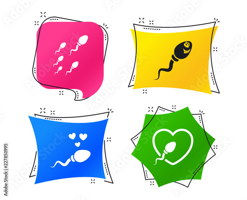 Sperm icons. Fertilization or insemination signs. Safe love heart symbol. Geometric colorful tags. Banners with flat icons. Trendy design. Vector