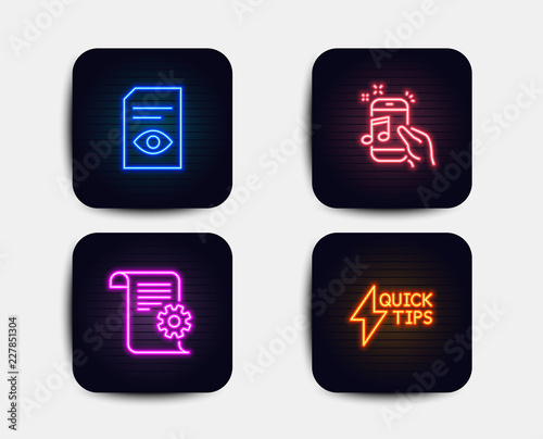 Neon glow lights. Set of Technical documentation, Music phone and View document icons. Quickstart guide sign. Manual, Radio sound, Open file. Lightning symbol.  Neon icons. Glowing light banners