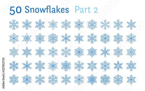 Blue snowflakes collection isolated on white background. Flat line snowing icons bundle, cute snow flakes silhouette. Nice element for christmas banner, cards. New year ornament.