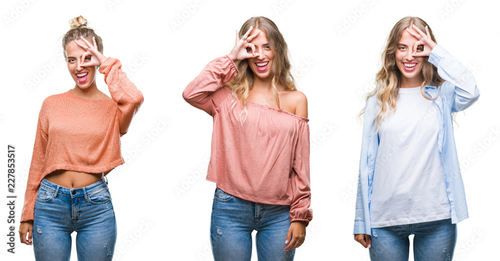 Young beautiful young woman wearing casual look over white isolated background doing ok gesture with hand smiling, eye looking through fingers with happy face.
