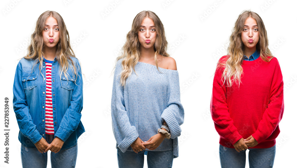 Young beautiful young woman over white isolated background puffing cheeks with funny face. Mouth inflated with air, crazy expression. Young beautiful young woman over white isolated background puffing cheeks with funny face. Mouth inflated with air, crazy expression.