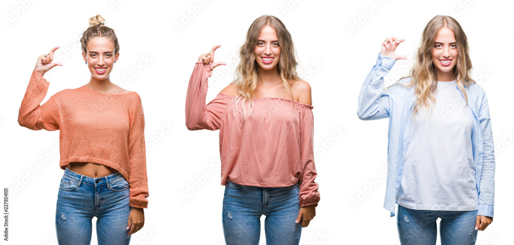 Obraz premium Young beautiful young woman wearing casual look over white isolated background smiling and confident gesturing with hand doing size sign with fingers while looking and the camera. Measure concept.