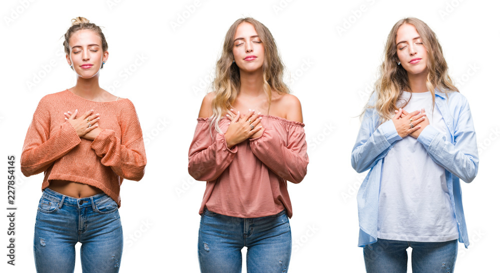 Young beautiful young woman wearing casual look over white isolated background smiling with hands on chest with closed eyes and grateful gesture on face. Health concept. Young beautiful young woman wearing casual look over white isolated background smiling with hands on chest with closed eyes and grateful gesture on face. Health concept.