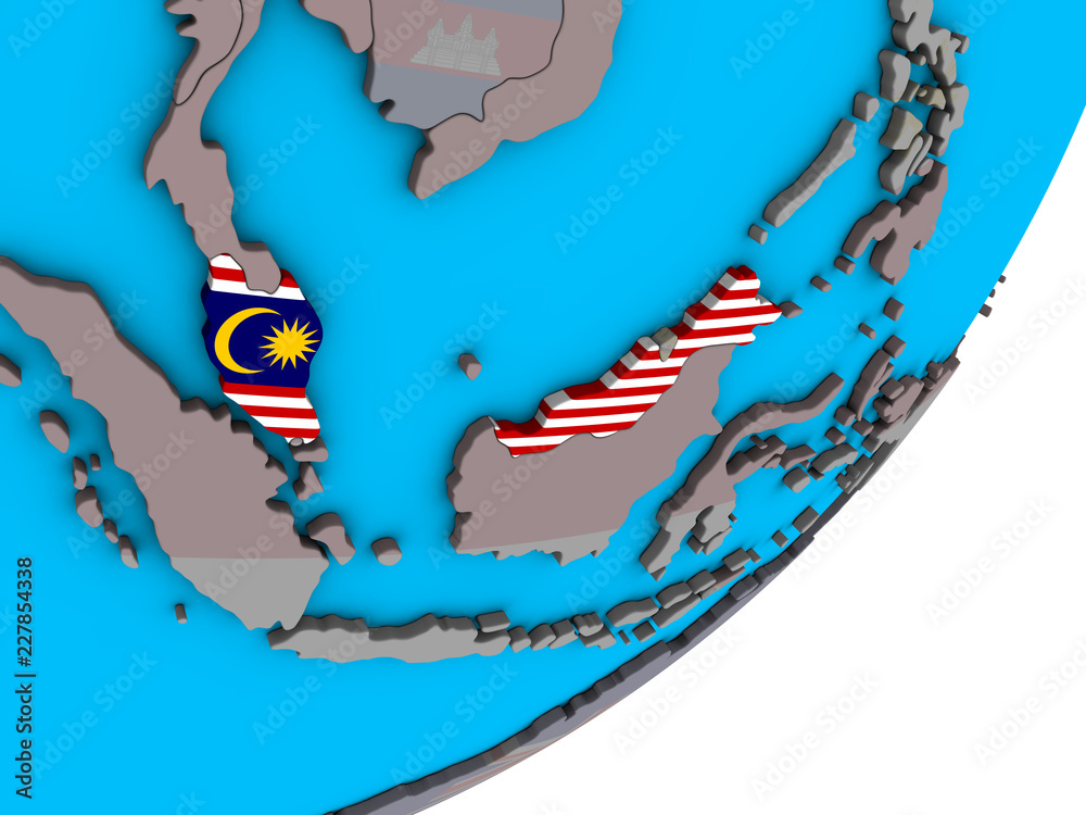 Malaysia with national flag on blue political 3D globe.