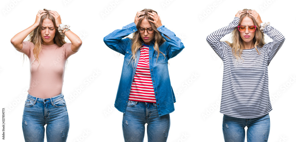 Young beautiful young woman wearing casual look over white isolated background suffering from headache desperate and stressed because pain and migraine. Hands on head. Young beautiful young woman wearing casual look over white isolated background suffering from headache desperate and stressed because pain and migraine. Hands on head.