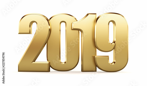 New 2019 year golden  figures isolated on white background. 3D rendered Illustration for advertising.