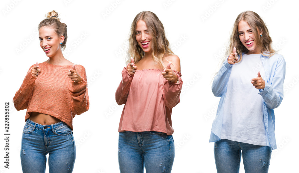 Young beautiful young woman wearing casual look over white isolated background pointing fingers to camera with happy and funny face. Good energy and vibes.