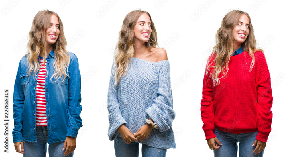 Obraz premium Young beautiful young woman over white isolated background looking away to side with smile on face, natural expression. Laughing confident.