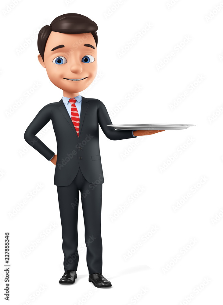 Businessman with a tray on a white background. 3d render illustration. Businessman with a tray on a white background. 3d render illustration.