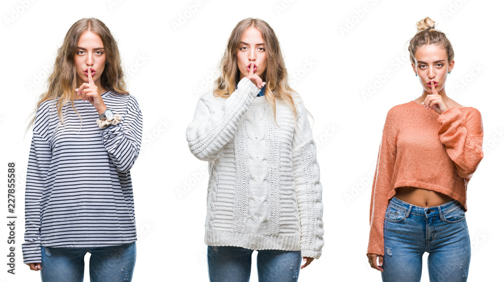 Young beautiful young woman wearing casual look over white isolated background asking to be quiet with finger on lips. Silence and secret concept. Young beautiful young woman wearing casual look over white isolated background asking to be quiet with finger on lips. Silence and secret concept.