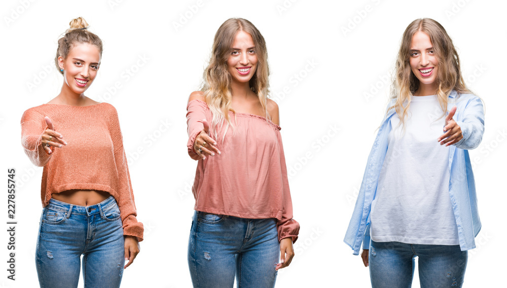 Young beautiful young woman wearing casual look over white isolated background smiling friendly offering handshake as greeting and welcoming. Successful business. Young beautiful young woman wearing casual look over white isolated background smiling friendly offering handshake as greeting and welcoming. Successful business.