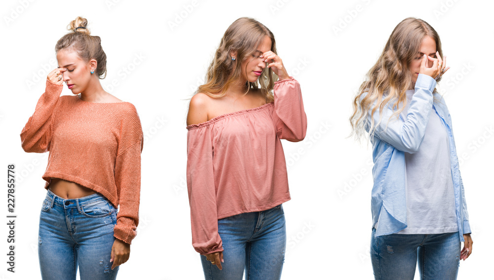 Young beautiful young woman wearing casual look over white isolated background tired rubbing nose and eyes feeling fatigue and headache. Stress and frustration concept. Young beautiful young woman wearing casual look over white isolated background tired rubbing nose and eyes feeling fatigue and headache. Stress and frustration concept.