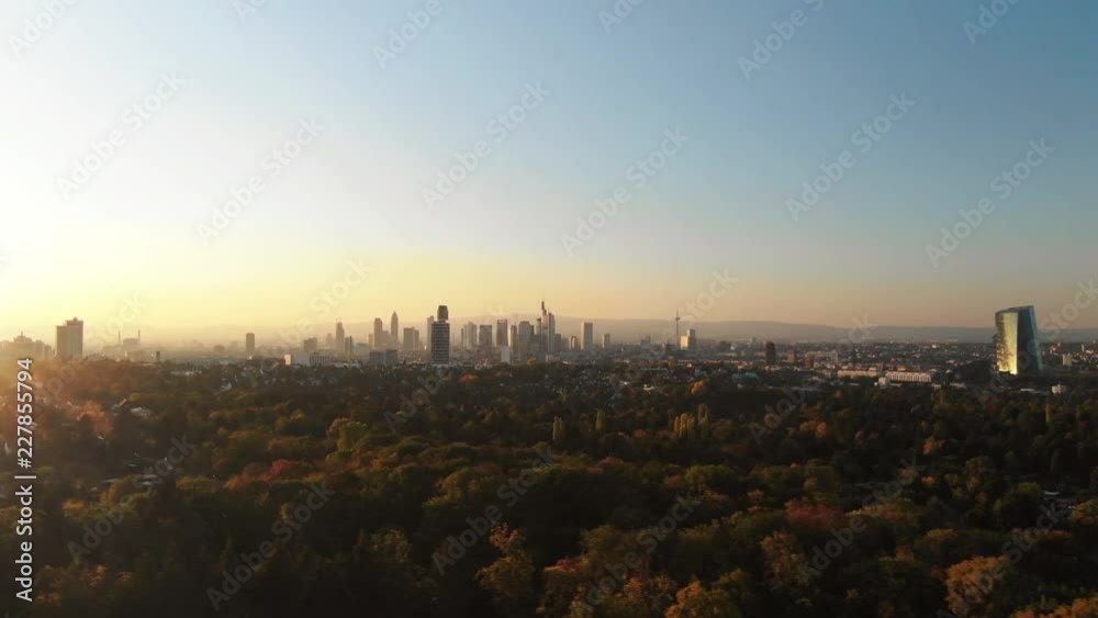 Cinematic Aerial of Frankfurt Skyline panorama at sunset Cinematic Aerial of Frankfurt Skyline panorama at sunset