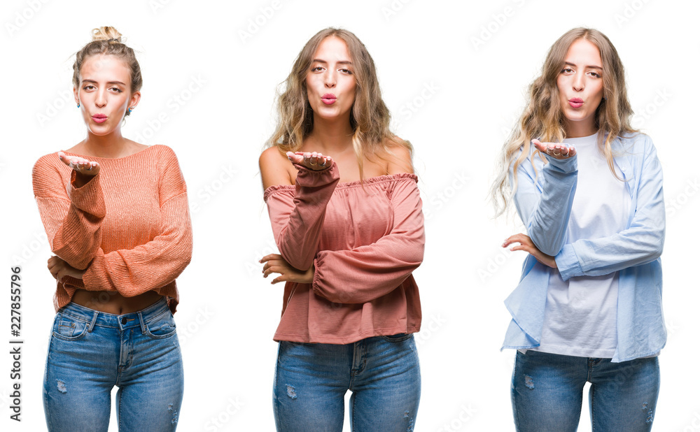 Young beautiful young woman wearing casual look over white isolated background looking at the camera blowing a kiss with hand on air being lovely and sexy. Love expression. Young beautiful young woman wearing casual look over white isolated background looking at the camera blowing a kiss with hand on air being lovely and sexy. Love expression.